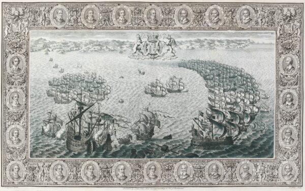 “The Tapestry Hangings of the House of Lords: Representing the Several Engagements Between the English and Spanish Fleets,” 1739, drafted by Clement Lemprière and Hubert François Gravelot after Hendrick Cornelisz Vroom. Engraved by John Pine. Etching and engraving; 21 3/16 inches by 14 15/16 inches. The Elisha Whittelsey Collection, The Elisha Whittelsey Fund, 1963; The Metropolitan Museum of Art, New York. (Public Domain)
