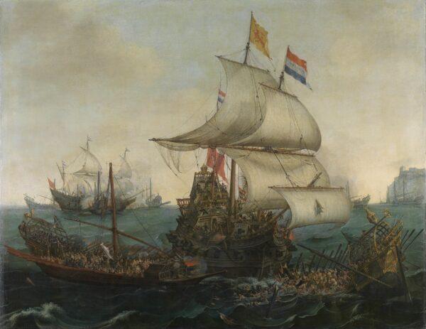 “Dutch Ships Ramming Spanish Galleys off the English Coast, 3 October 1602,” 1617, by Hendrick Cornelisz Vroom. Oil on canvas; 46 1/4 inches by 57 3/8 inches. Rijksmuseum, Amsterdam. (Public Domain)