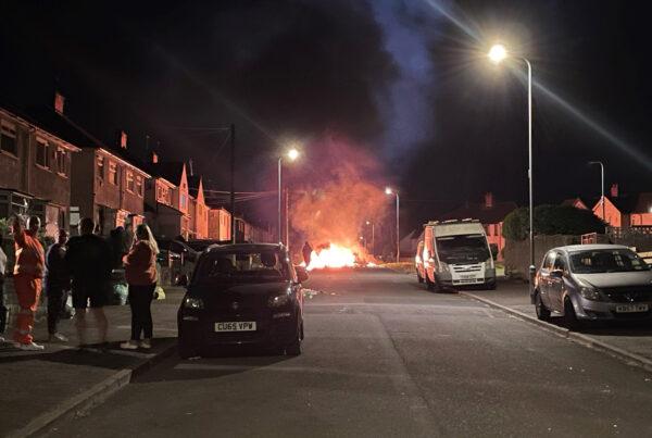 A car was set alight during a riot on Highmead Road, Ely, Cardiff, on May 23, 2023. (Bronwen Weatherby/PA Media)