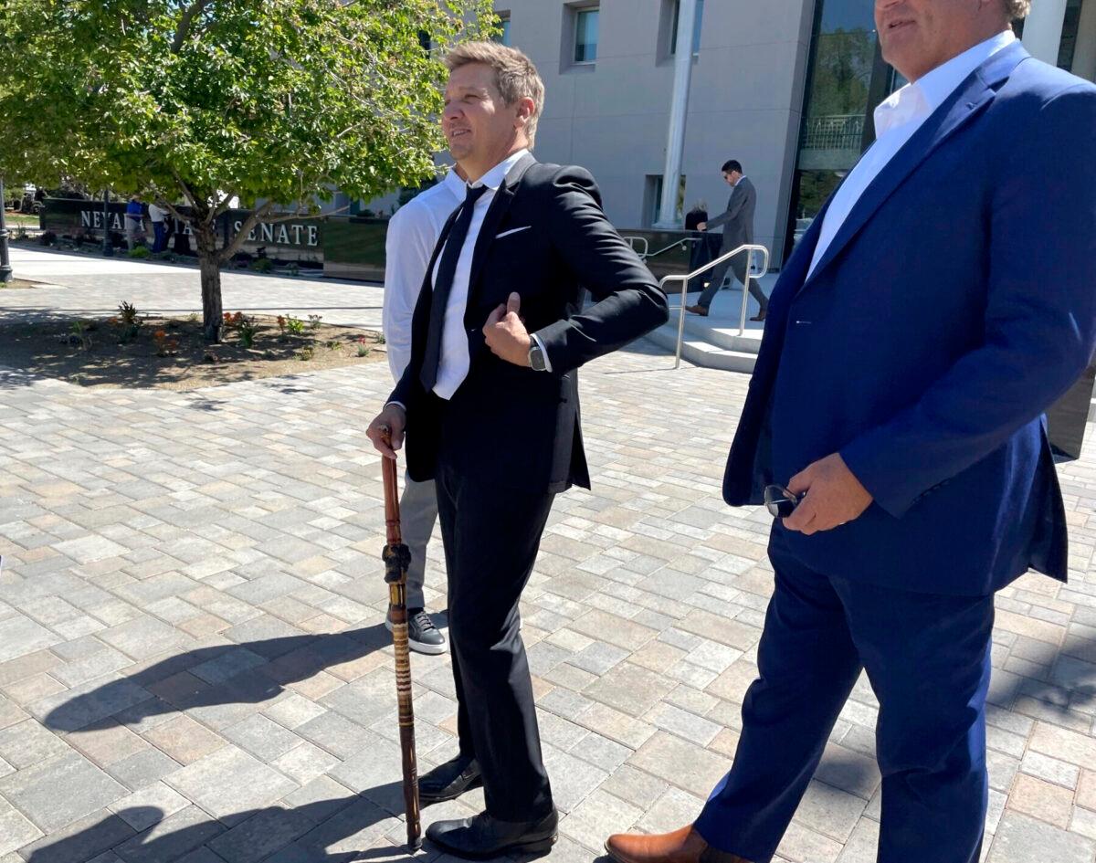 Actor Jeremy Renner stands outside the Nevada Legislature in Carson City, Nev., on May 22, 2023. (Gabe Stern/AP Photo)