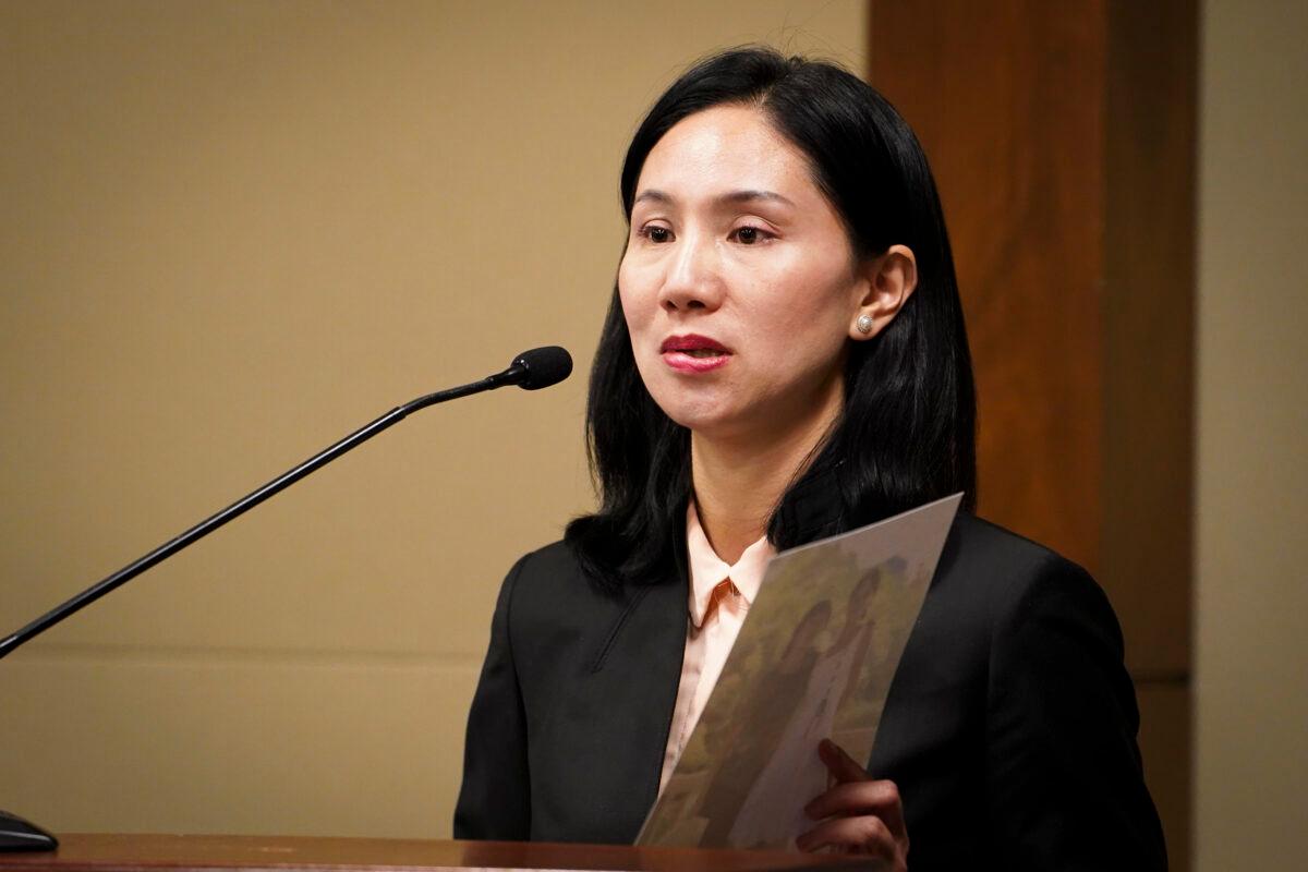 Lydia Wang, a panelist, speaks at a briefing on the persecution of Falun Gong on Capitol Hill in Washington on May 23, 2023. (Madalina Vasiliu/The Epoch Times)
