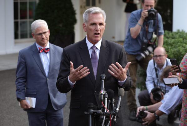 Speaker of the House Kevin McCarthy (R-Calif.), joined by Rep. Patrick McHenry (R-N.C.), speaks to reporters following his meeting with President Joe Biden at the White House on May 22, 2023. (Alex Wong/Getty Images)