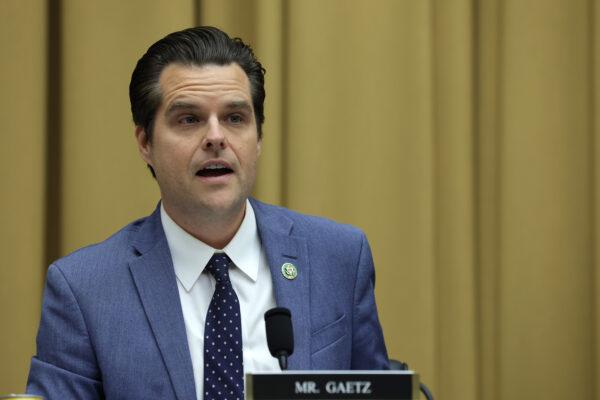Rep. Matt Gaetz (R-Fla.) speaks during a hearing before the Select Subcommittee on the Weaponization of the Federal Government of the House Judiciary Committee at Rayburn House Office Building on Capitol Hill in Washington, on May 18, 2023. (Alex Wong/Getty Images)