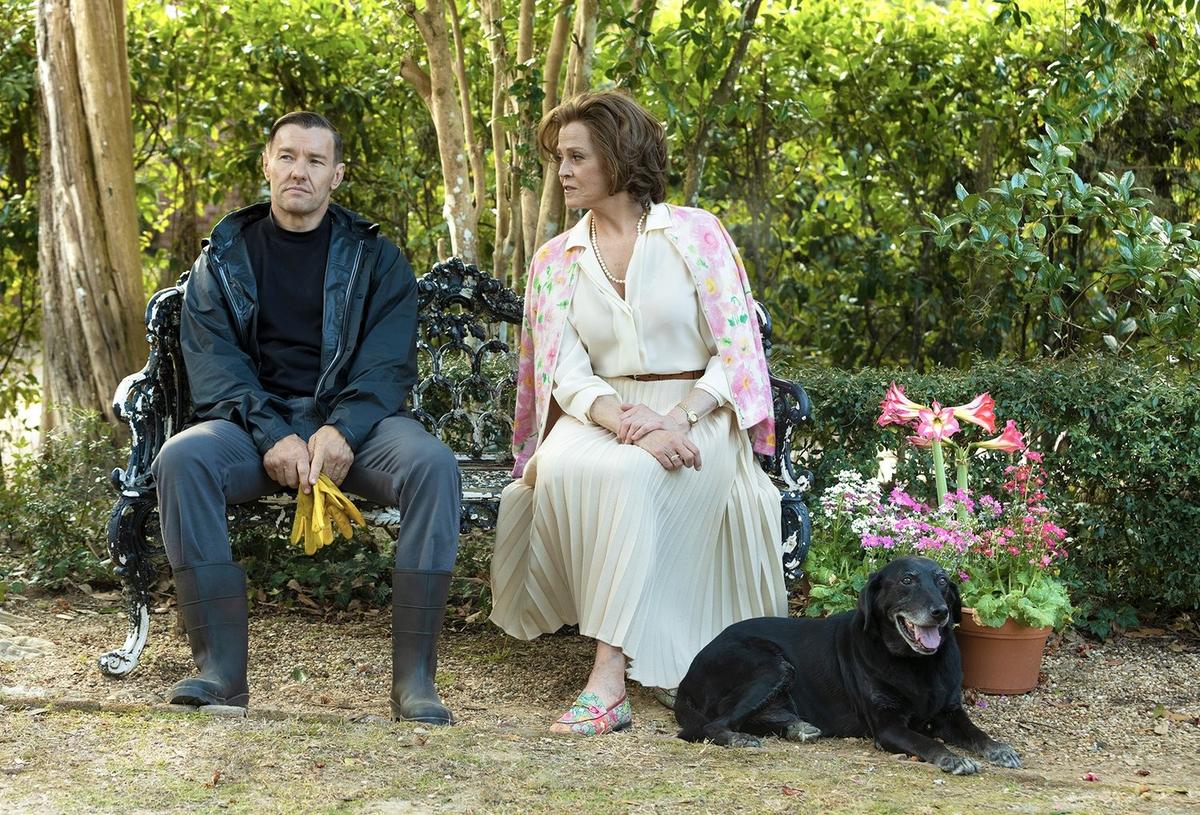 Narvel Roth (Joel Edgerton), Norma Haverhill (Sigourney Weaver), and "Porch Dog," in "Master Gardener." (Magnolia Pictures)