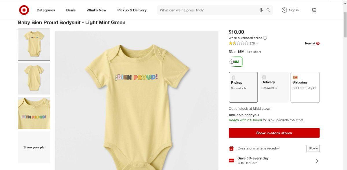 The "Bein Proud" onsie for infants as young as 0-3 months sold via Target's website. (Target.com screenshot via The Epoch Times)