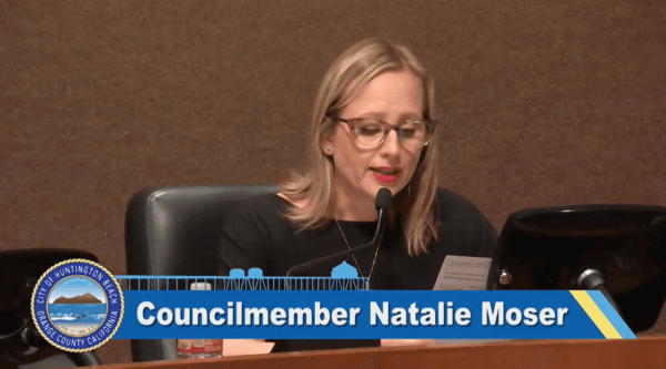 Huntington Beach City Councilwoman Natalie Moser speaks during a city council meeting in Huntington Beach, Calif., on May 16, 2023. (Screenshot via City of Huntington Beach)