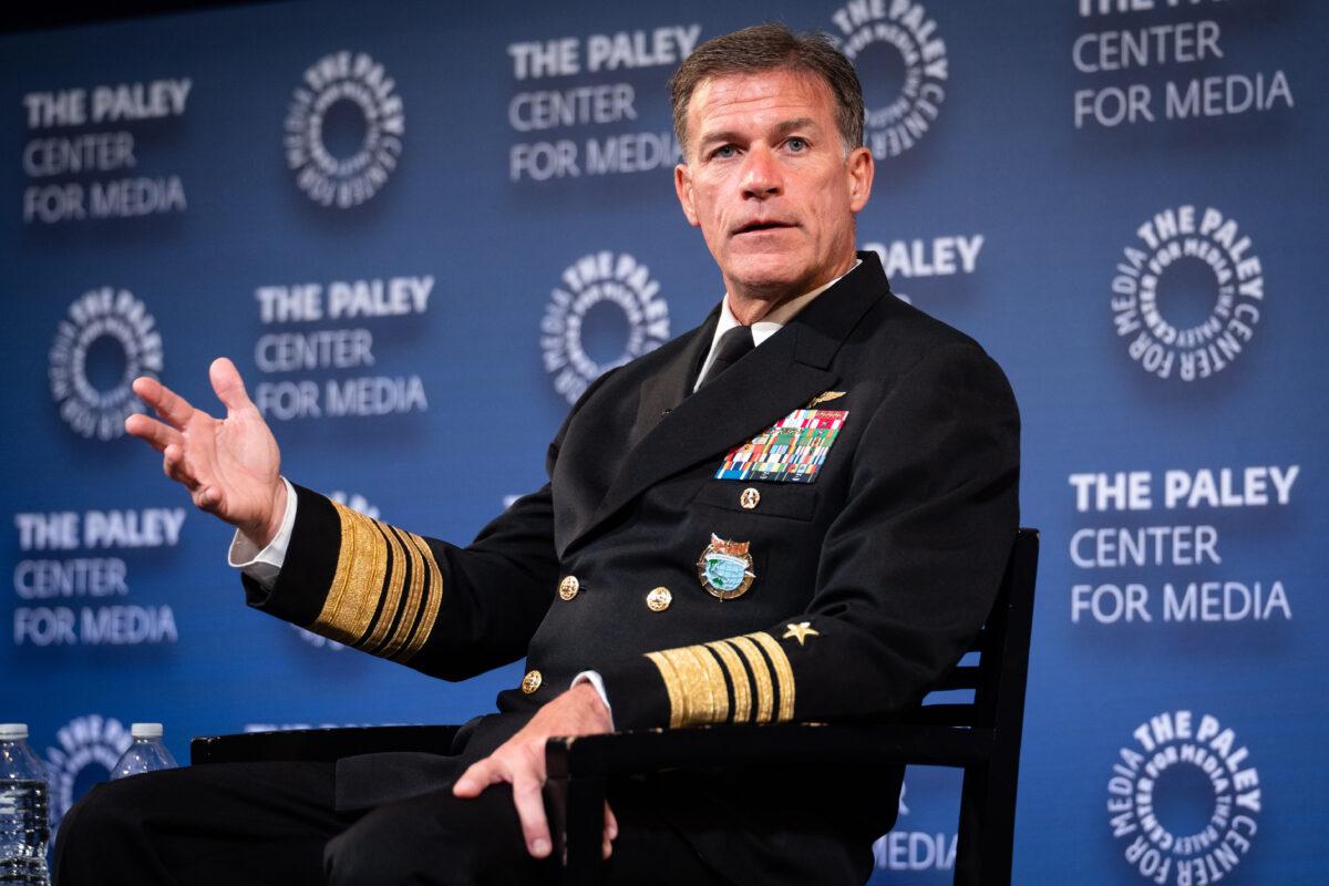 Admiral John C. Aquilino discusses U.S.-China strategic competition at Paley Center for Media in New York City on May 23, 2023. (Samira Bouaou/The Epoch Times)