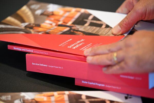 The 2023-2024 Victorian Budget papers are seen at the Budget Lockup in Melbourne, Australia, on May 23, 2023. (AAP Image/James Ross)