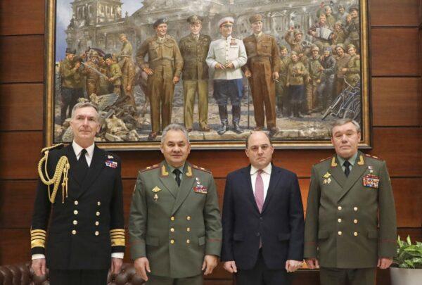 (L to R) Britain's Chief of Defence Staff Admiral Tony Radakin, Russian Defence Minister Sergei Shoigu, British Defence Secretary Ben Wallace, and Russia's Chief of the General Staff, General Valery Gerasimov, at the Russian Ministry of Defence in Moscow on Feb. 11, 2022. (Ministry of Defence/PA)