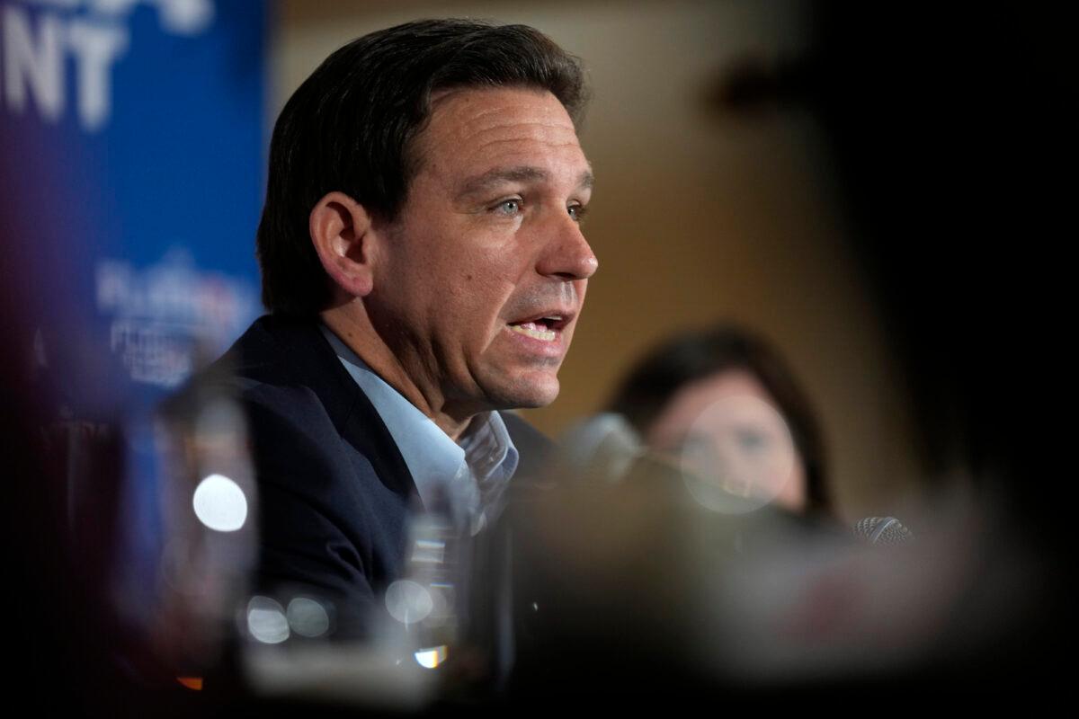 Florida Gov. Ron DeSantis speaks at a political roundtable in Bedford, N.H., on May 19, 2023. (Robert F. Bukaty/AP Photo)