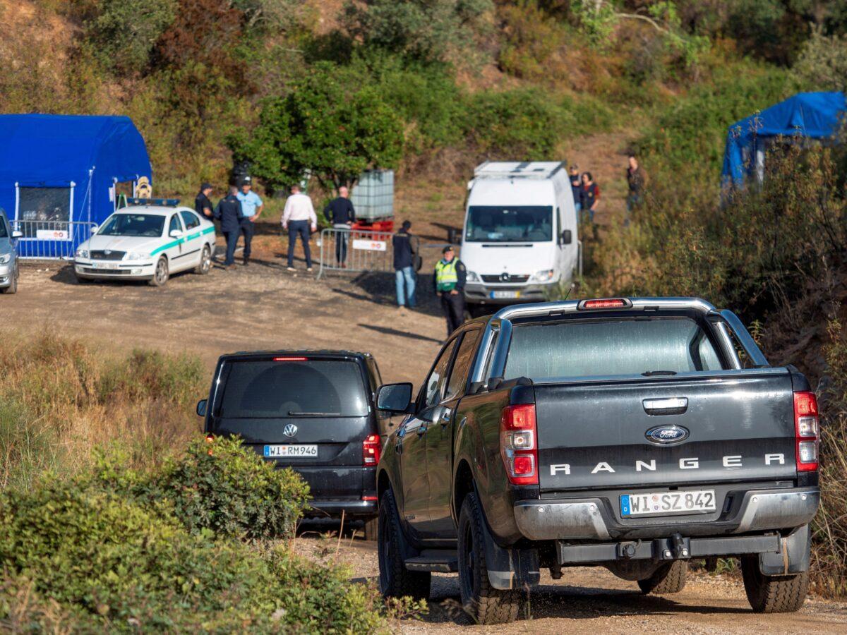 Portuguese and German police search teams and vehicles at the site of a remote reservoir near the area where British girl Madeleine McCann went missing in the Portuguese Algarve in May 2007, in Silves, Portugal, on May 24, 2023. (Luis Ferreira/Reuters)