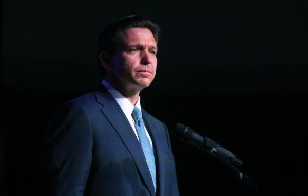 Florida Gov. Ron DeSantis speaks to guests at the Republican Party of Marathon County Lincoln Day Dinner annual fundraiser in Rothschild, Wis., on May 6, 2023. (Scott Olson/Getty Images)