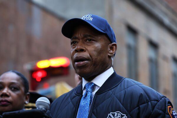 Mayor Eric Adams speaks during a press conference near the site of a parking garage collapse in New York on April 18, 2023. (Michael M. Santiago/Getty Images)