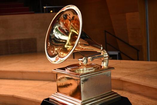A GRAMMY statue on stage during GRAMMY Legacies and Looking Ahead at Jay Pritzker Pavilion in Chicago on Aug. 8, 2022. (Daniel Boczarski/Getty Images for The Recording Academy)