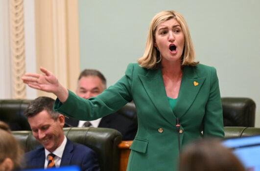 Queensland Minister for Health, Mental Health and Ambulance Services and Minister for Women Shannon Fentiman (R) is seen during question time at Queensland Parliament House in Brisbane, Australia, on May 24, 2023. (AAP Image/Darren England)