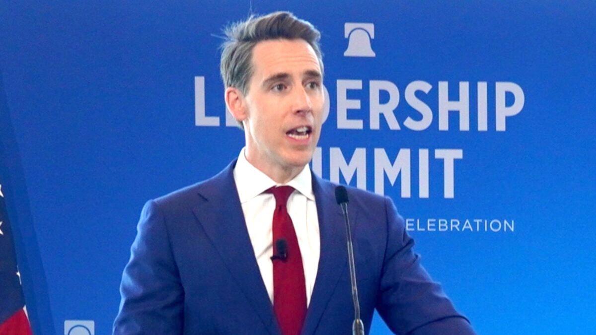 Sen. Josh Hawley (R-Mo.) speaks at the Heritage Foundation's Leadership Summit in National Harbor, Md., on Apr. 20, 2023. (Terri Wu/The Epoch Times)