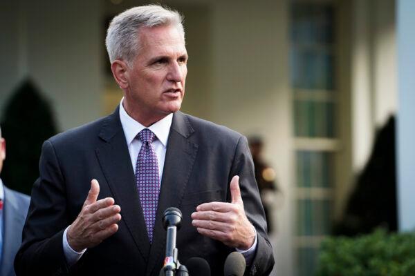House Speaker Kevin McCarthy (R-Calif.) speaks to the press after meeting President Joe Biden to discuss the debt limit at the White House in Washington on May 22, 2023. (Madalina Vasiliu/The Epoch Times)