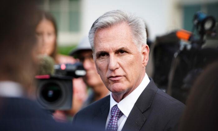 House Speaker Kevin McCarthy (R-Calif.) speaks to the press at the White House on May 22, 2023. (Madalina Vasiliu/The Epoch Times)