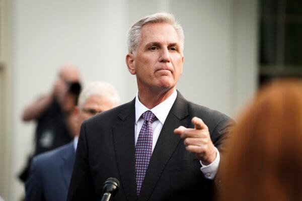 House Speaker Kevin McCarthy (R-Calif.) speaks to the press after meeting President Joe Biden to discuss the debt limit at the White House in Washington, on May 22, 2023. (Madalina Vasiliu/The Epoch Times)