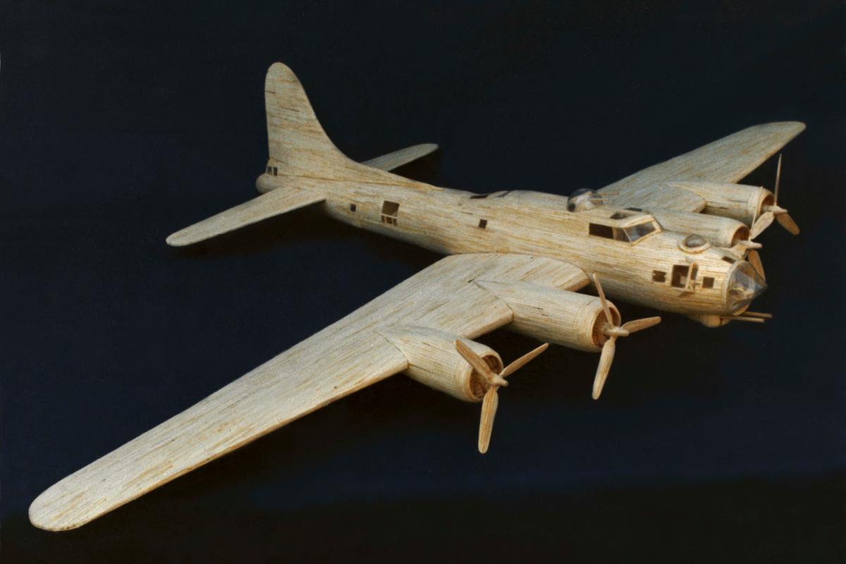 A model B-17 Flying Fortress bomber made of 14,000 matchsticks, completed in 1990. (Courtesy of Patrick Acton)