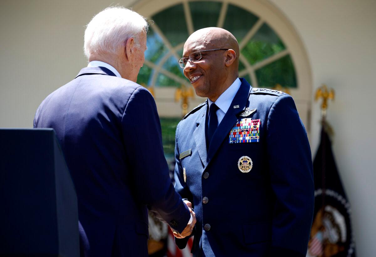 President Joe Biden shakes hands with Gen. Charles Q. Brown, Jr. as he announces his intent to nominate him to serve as the next Chairman of the Joint Chiefs of Staff during an event in the Rose Garden of the White House on May 25, 2023. (Kevin Dietsch/Getty Images)