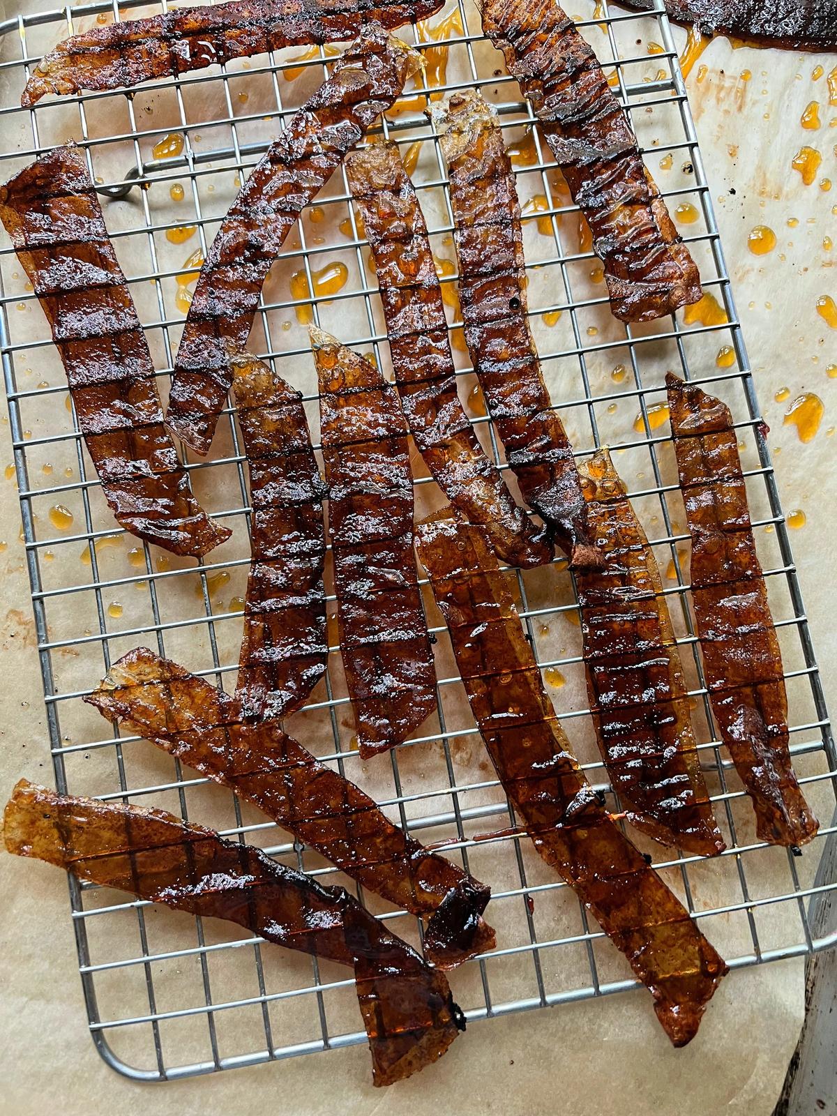 Rice paper "bacon" for a vegetarian BLT. (Gretchen McKay/Pittsburgh Post-Gazette/TNS)