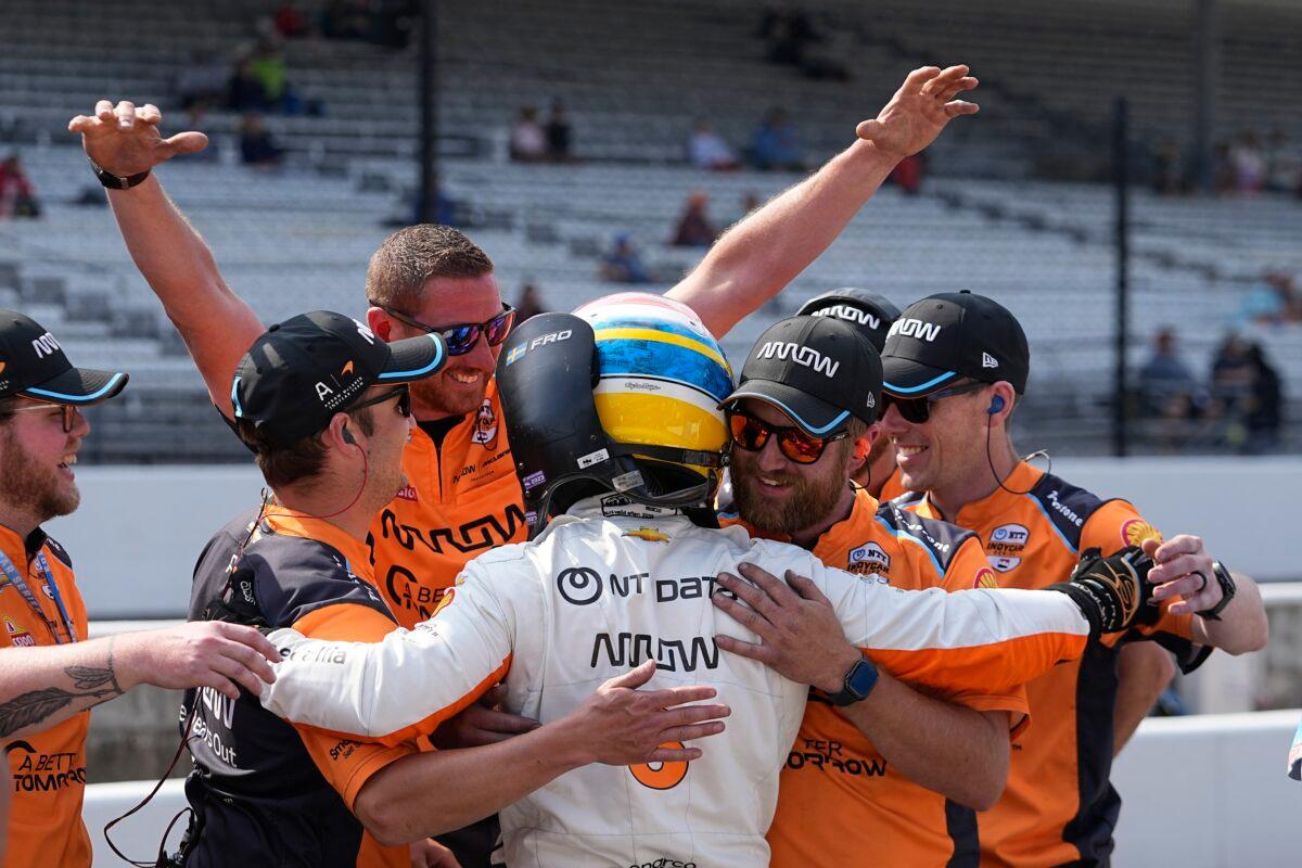 Felix Rosenqvist of Sweden celebrates with his crew during qualifications for the Indianapolis 500 auto race at Indianapolis Motor Speedway in Indianapolis on May 20, 2023. (Darron Cummings/AP Photo)