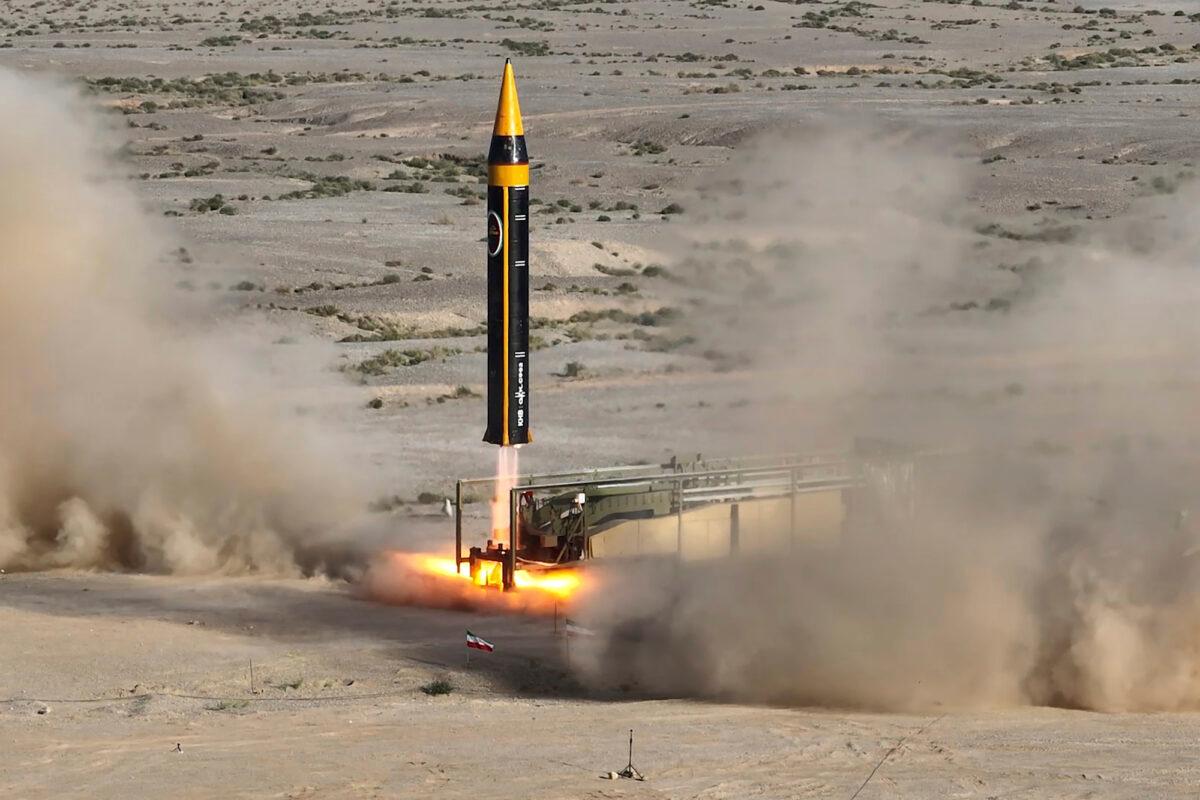A Khorramshahr-4 missile is launched at an undisclosed location in Iran, in a photo released on May 25, 2023. (Iranian Defense Ministry via AP)