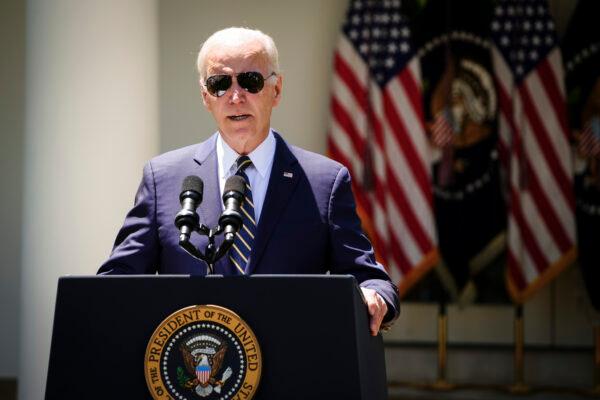 President Joe Biden speaks during a Rose Garden event to announce the nomination of Air Force chief of staff Gen. Charles Q. Brown as the next chairman of the Joint Chiefs of Staff at the White House, in Washington, on May 25, 2023. (Madalina Vasiliu/The Epoch Times)
