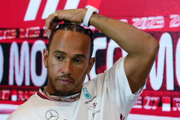 Mercedes driver Lewis Hamilton of Britain gestures during a news conference at the Monaco racetrack in Monaco on May 25, 2023. (Luca Bruno/AP Photo)
