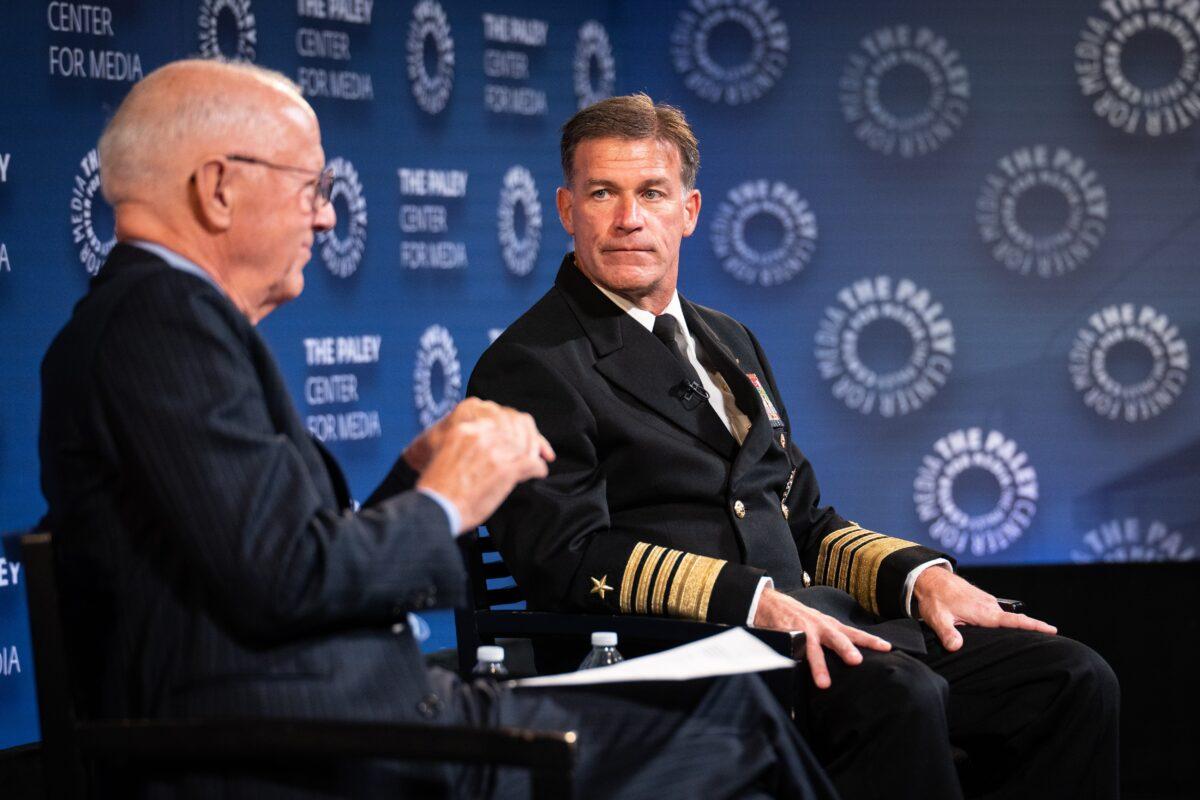 Admiral John C. Aquilino (R) and National Committee on United States–China Relations President Stephen Orlins discuss U.S.–China strategic competition at Paley Center for Media in New York City on May 23, 2023. (Samira Bouaou/The Epoch Times)