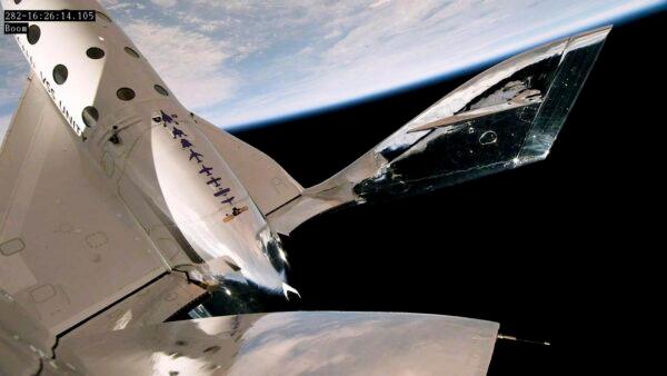 A view of Earth from Virgin Galactic's rocket plane as it reaches an altitude of more than 54 miles during a test flight on May 25, 2023. (Virgin Galactic via AP)