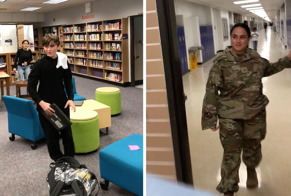 Texas military mom Alexis Chattin surprises her son by returning home unexpectedly. (Screenshot/Newsflare)