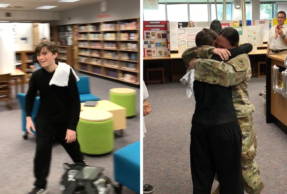 Mother and son embrace at his school in Houston, Texas. (Screenshot/Newsflare)
