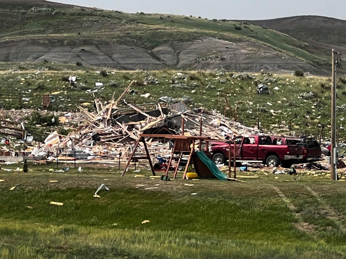 The aftermath after a house southwest of Fort Pierre, S.D., exploded on May 24, 2023. (Jeff Hartley/Capital Journal via AP)