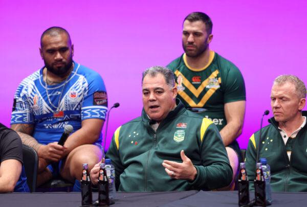 Mal Meninga, Head Coach of Australia is interviewed during the Rugby League World Cup Final Press Conference ahead of the Rugby League World Cup Final in Manchester, England, on November 17, 2022. (Nathan Stirk/Getty Images for RLWC)