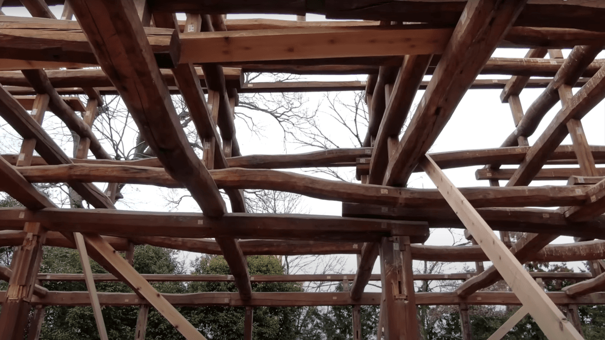 Stripped down to the bare bones, the rustic beams and traditionally-constructed timber frame of the 95-year-old kominka are visible. (Courtesy of <a href="https://www.youtube.com/@dylaniwakuni">Dylan Iwanuki</a>)