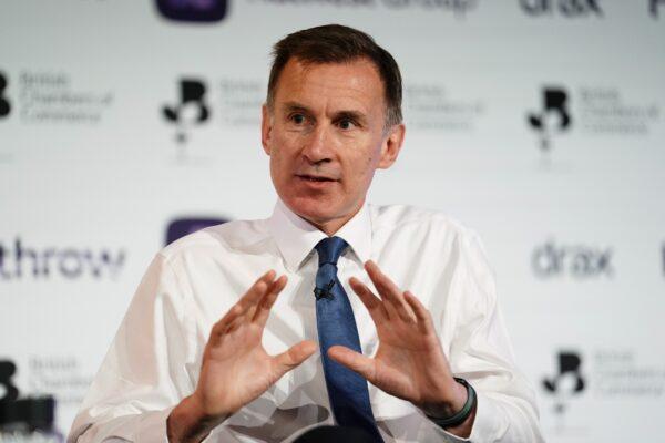 Chancellor of the Exchequer Jeremy Hunt speaking during the British Chambers Commerce Annual Global conference, at the QEII Centre, London, on May 17, 2023. (Jordan Pettitt /PA Media)