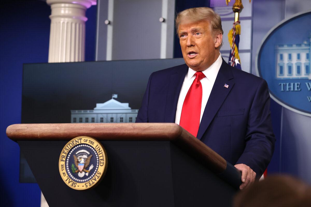 President Donald Trump speaks to the press in the James Brady Press Briefing Room at the White House on Nov. 24, 2020. He extended paid family leave to federal employees during his administration. (Chip Somodevilla/Getty Images)