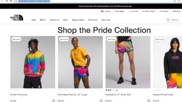 A screenshot of North Face's website, taken on May 26, 2023, shows the the firm's "Pride Collection" line of clothing. (North Face/Screenshot via The Epoch Times)