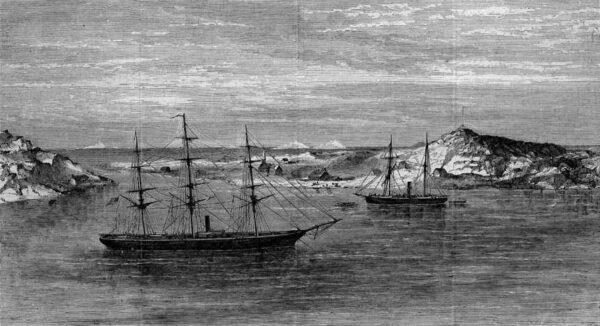 “The Polaris (R) on the right and Congress at Godhaven, Disco Island, off the Coast of Greenland.” A wood engraving from Harper's Weekly, May 1873. (Public Domain)