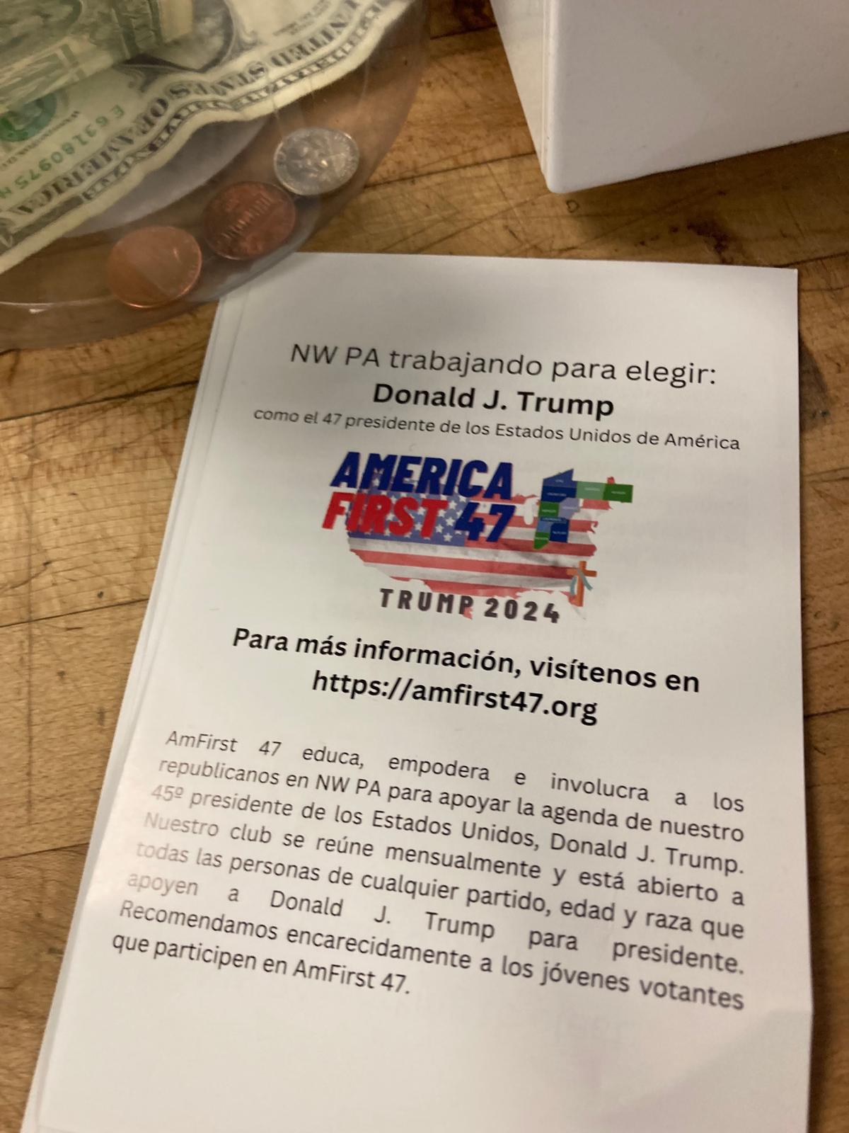 A flyer, written in Spanish, promotes AmFirst 47, a new pro-Donald Trump organization, in Erie County, Pa., on May 23, 2023. (Janice Hisle/The Epoch Times)