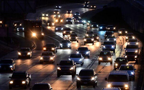 Vehicles head east out of Los Angeles on the Interstate 10 freeway in Alhambra, Calif., on May 27, 2021, ahead of the Memorial Day weekend. (Frederic J. Brown/AFP via Getty Images)