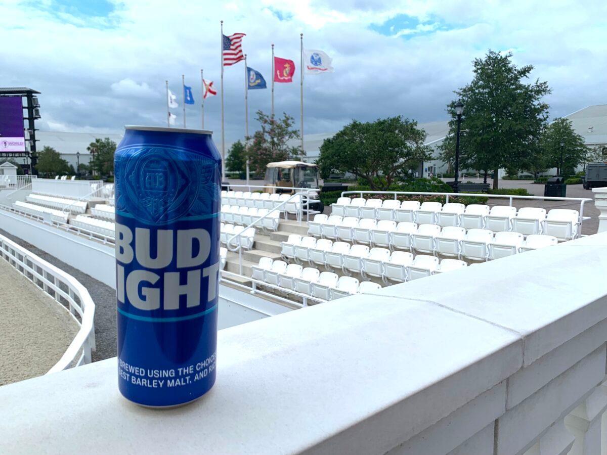 A can of Bud Light on a railing at the World Equestrian Center in Ocala, Fla. on May 26, 2023. (T.J. Muscaro/The Epoch Times)