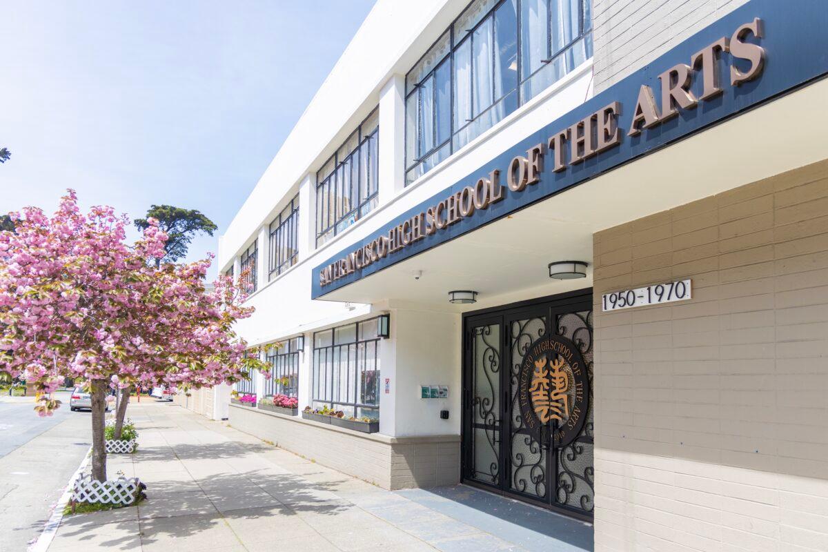 The entrance of San Francisco High School of the Arts, a private middle and high school on Page Street on April 26, 2023. (Qing Li/The Epoch Times)