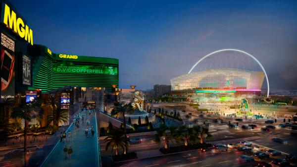In this rendering released by the Oakland Athletics on Friday, is a view of their proposed new ballpark at the Tropicana site in Las Vegas on May 26, 2023. (Oakland Athletics via AP)
