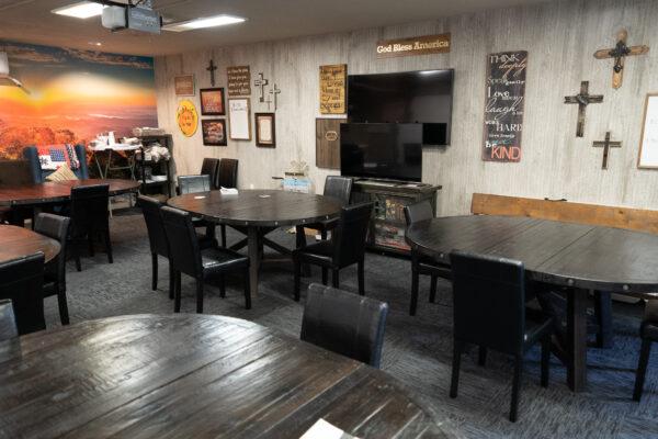 The community room at the Tustin Veterans Outpost, a facility run by the Christian-based nonprofit Orange County Rescue Mission, in Tustin, Calif., on May 25, 2023. (Rudy Blalock/The Epoch Times)