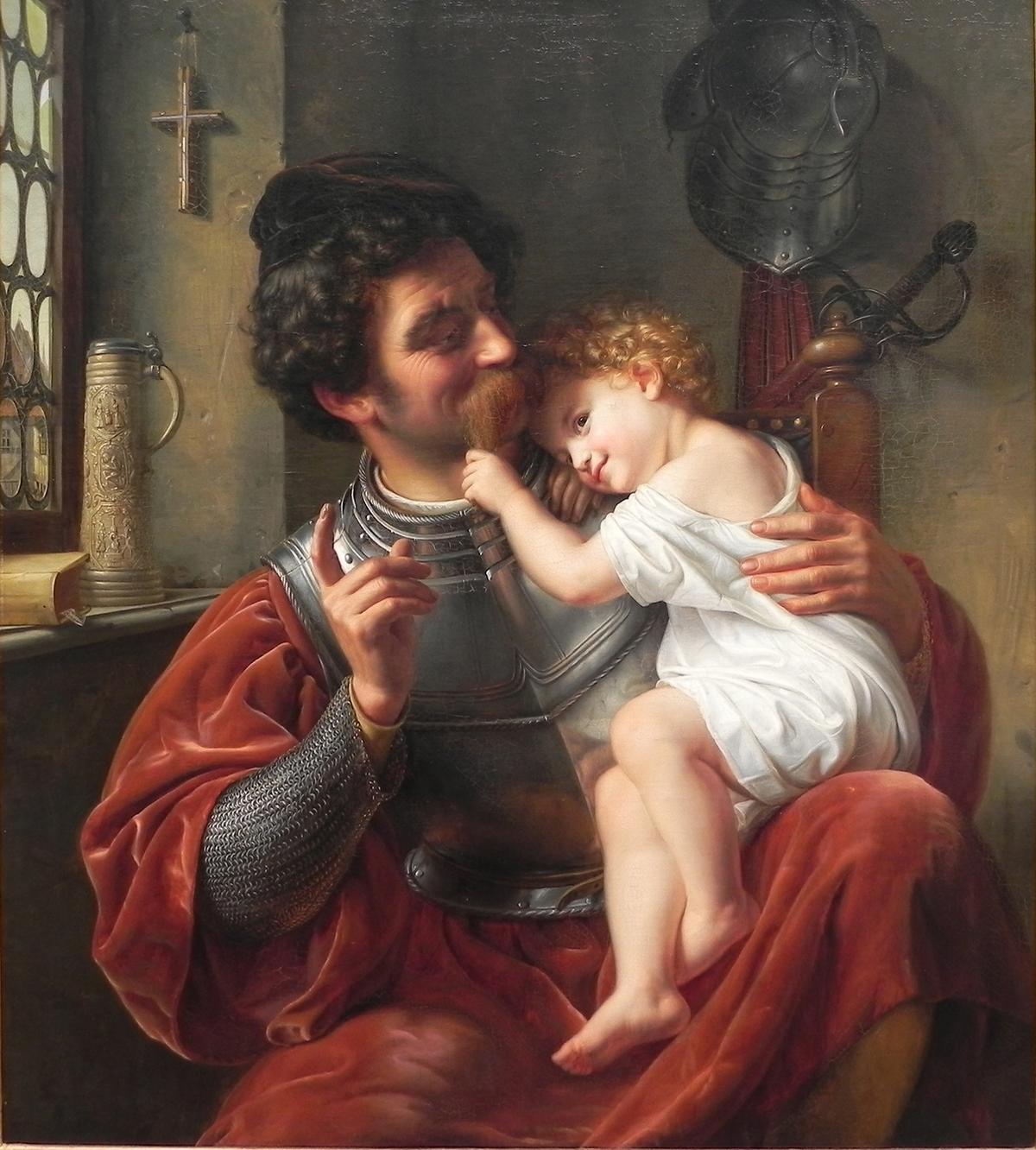 "The Warrior and His Child," 1832, by Theodor Hildebrandt. Oil on canvas. Old National Gallery, Berlin. (Public Domain)