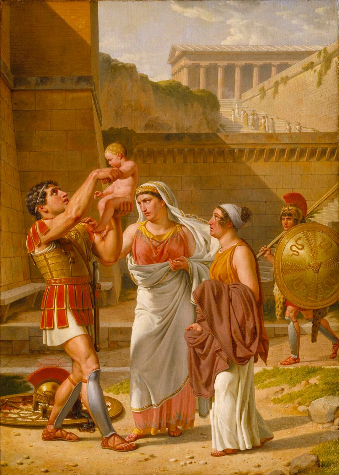 "Raising his son he kissed him," wrote Homer in the "Iliad," while taking a reprieve from battle. "Hector Bidding Farewell to Andromache and Astyanax," circa 1813–1816, by Christoffer Wilhelm Eckersberg. Oil on canvas. Thorvaldsens Museum, Copenhagen, Denmark. (Public Domain)