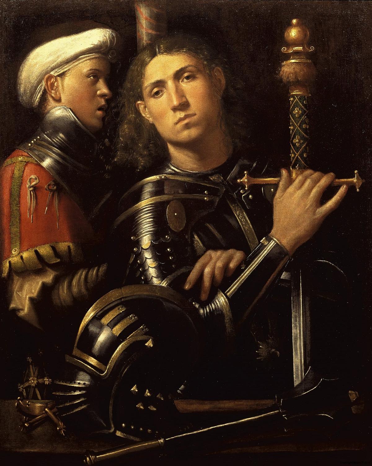 Portrait of a warrior with his squire, who is his son, circa 1501–1502, by Giorgione. Oil on canvas. Uffizi Gallery, Florence, Italy. (Public Domain)